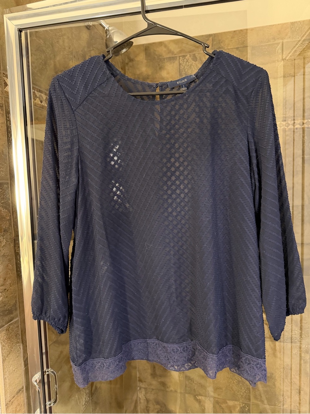Eclair Navy Textured Lace-Hem Blouse